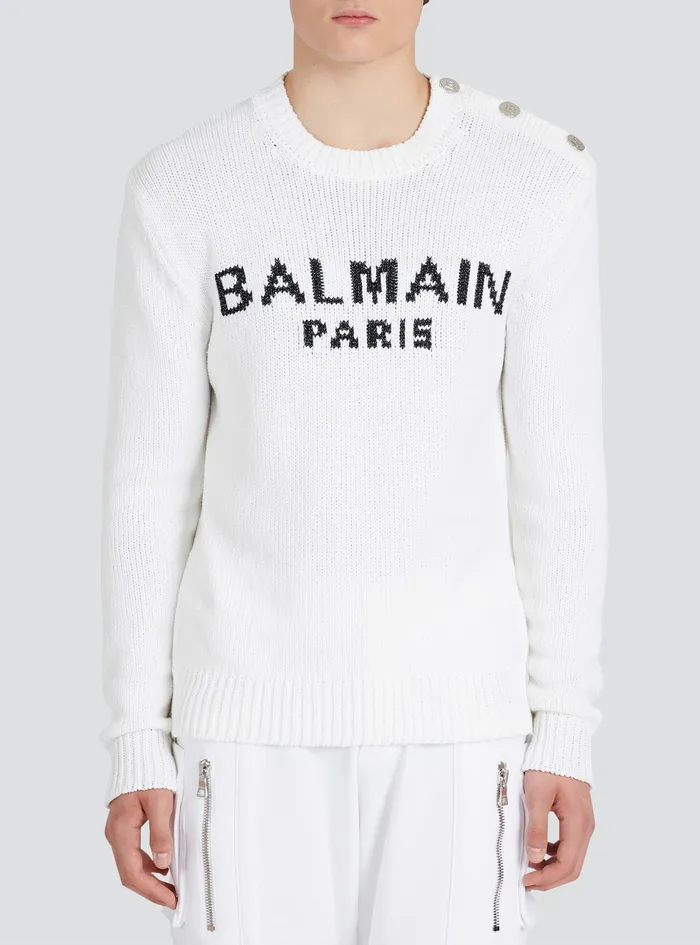 Balmain Knitwear Mens Cotton Sweater With Embroidered Balmain Paris Logo White