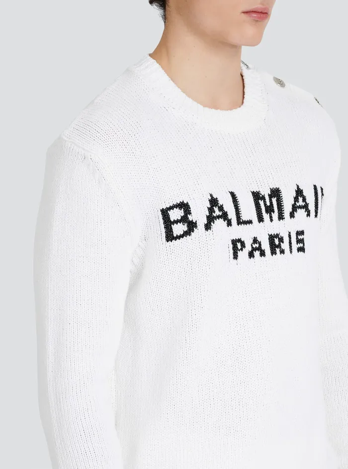 Balmain Knitwear Mens Cotton Sweater With Embroidered Balmain Paris Logo White