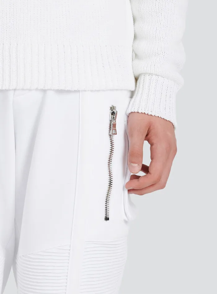 Balmain Knitwear Mens Cotton Sweater With Embroidered Balmain Paris Logo White