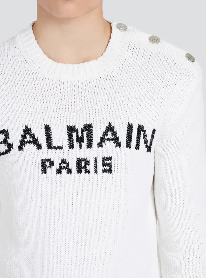 Balmain Knitwear Mens Cotton Sweater With Embroidered Balmain Paris Logo White