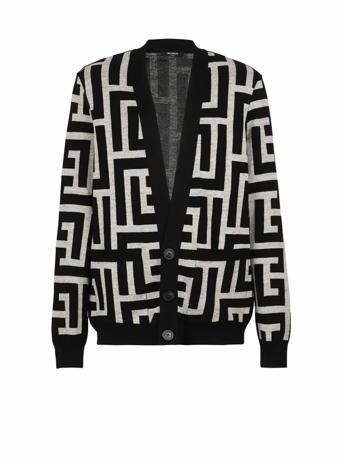 Balmain Knitwear Mens Oversized Wool Cardigan With Maxi Balmain Monogram Black Balmain Knitwear Mens Oversized Wool Cardigan With Maxi Balmain Monogram Black