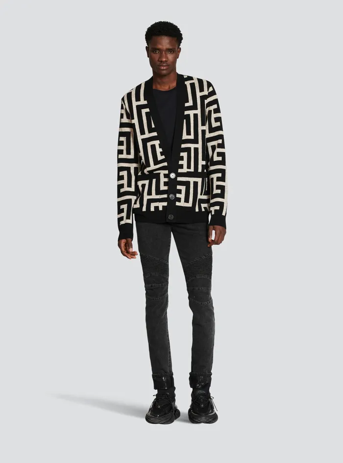 Balmain Knitwear Mens Oversized Wool Cardigan With Maxi Balmain Monogram Black Balmain Knitwear Mens Oversized Wool Cardigan With Maxi Balmain Monogram Black