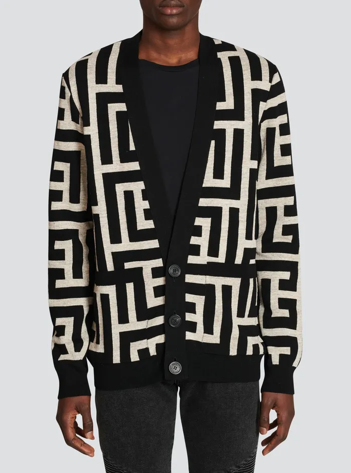 Balmain Knitwear Mens Oversized Wool Cardigan With Maxi Balmain Monogram Black Balmain Knitwear Mens Oversized Wool Cardigan With Maxi Balmain Monogram Black