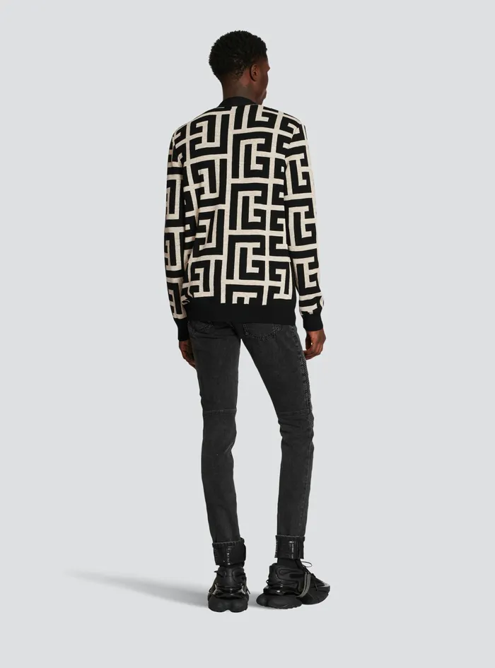Balmain Knitwear Mens Oversized Wool Cardigan With Maxi Balmain Monogram Black Balmain Knitwear Mens Oversized Wool Cardigan With Maxi Balmain Monogram Black