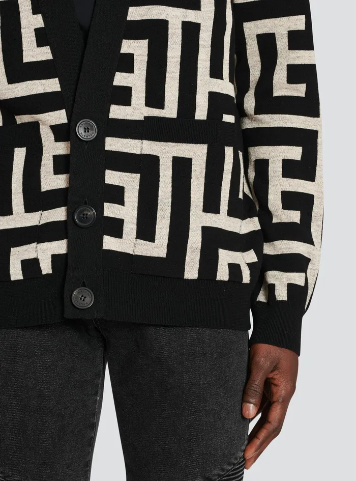 Balmain Knitwear Mens Oversized Wool Cardigan With Maxi Balmain Monogram Black Balmain Knitwear Mens Oversized Wool Cardigan With Maxi Balmain Monogram Black