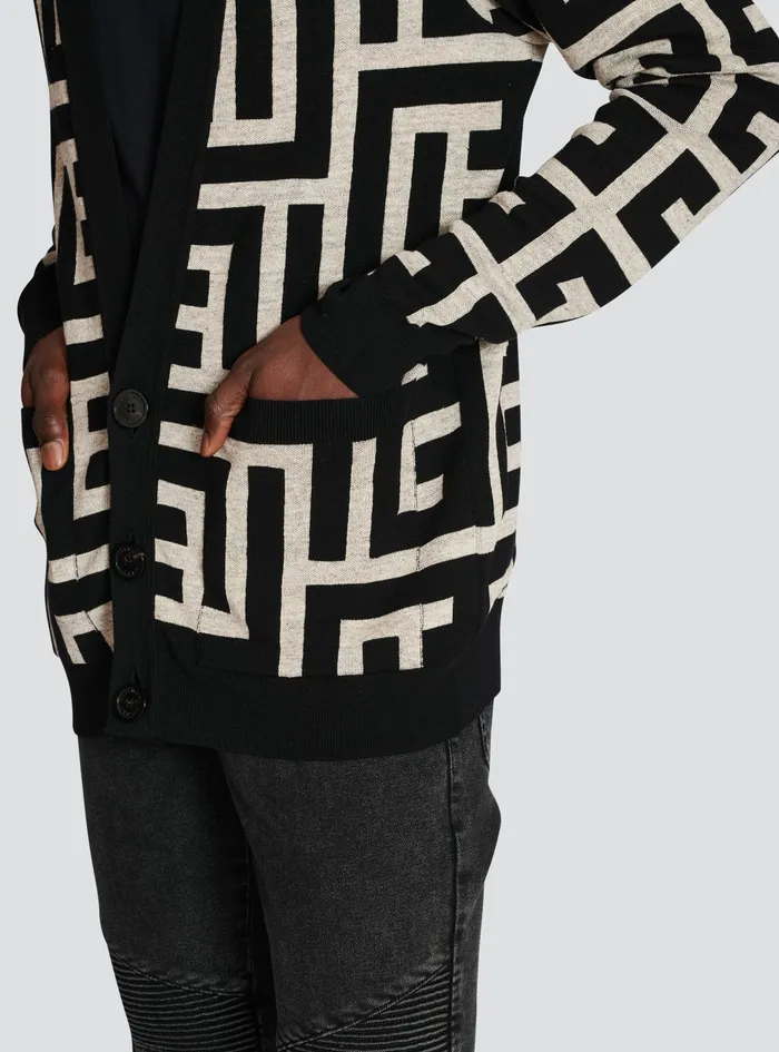 Balmain Knitwear Mens Oversized Wool Cardigan With Maxi Balmain Monogram Black Balmain Knitwear Mens Oversized Wool Cardigan With Maxi Balmain Monogram Black
