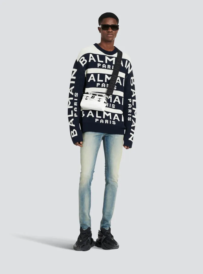 Balmain Knitwear Mens Sweater Embroidered With Balmain Paris Logo Black