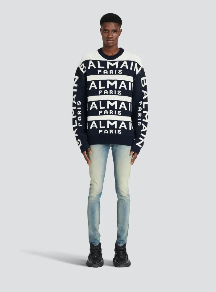 Balmain Knitwear Mens Sweater Embroidered With Balmain Paris Logo Black