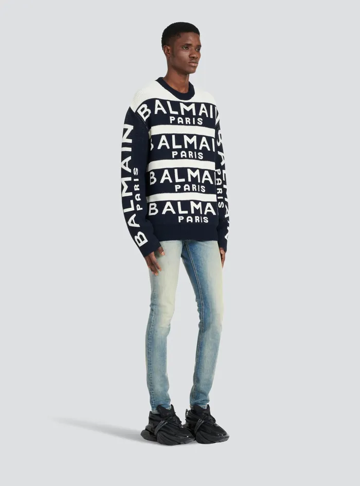 Balmain Knitwear Mens Sweater Embroidered With Balmain Paris Logo Black