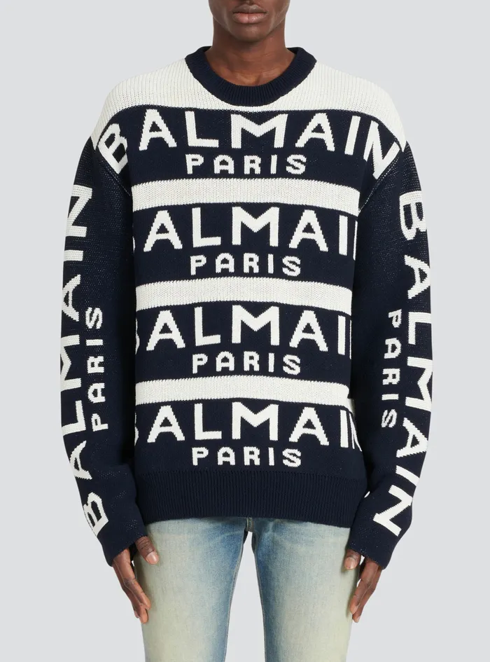 Balmain Knitwear Mens Sweater Embroidered With Balmain Paris Logo Black