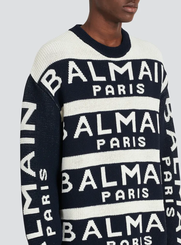 Balmain Knitwear Mens Sweater Embroidered With Balmain Paris Logo Black