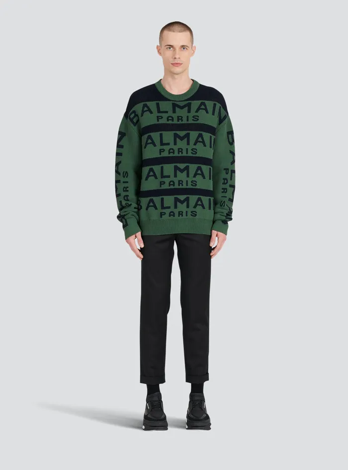 Balmain Knitwear Mens Sweater Embroidered With Balmain Paris Logo Green Balmain Knitwear Mens Sweater Embroidered With Balmain Paris Logo Green