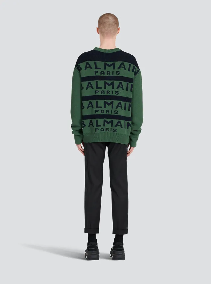 Balmain Knitwear Mens Sweater Embroidered With Balmain Paris Logo Green Balmain Knitwear Mens Sweater Embroidered With Balmain Paris Logo Green