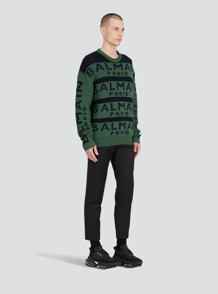 Balmain Knitwear Mens Sweater Embroidered With Balmain Paris Logo Green Balmain Knitwear Mens Sweater Embroidered With Balmain Paris Logo Green