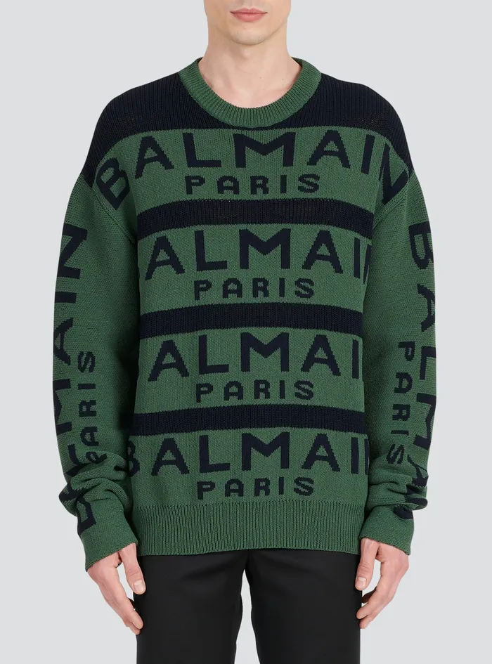 Balmain Knitwear Mens Sweater Embroidered With Balmain Paris Logo Green Balmain Knitwear Mens Sweater Embroidered With Balmain Paris Logo Green
