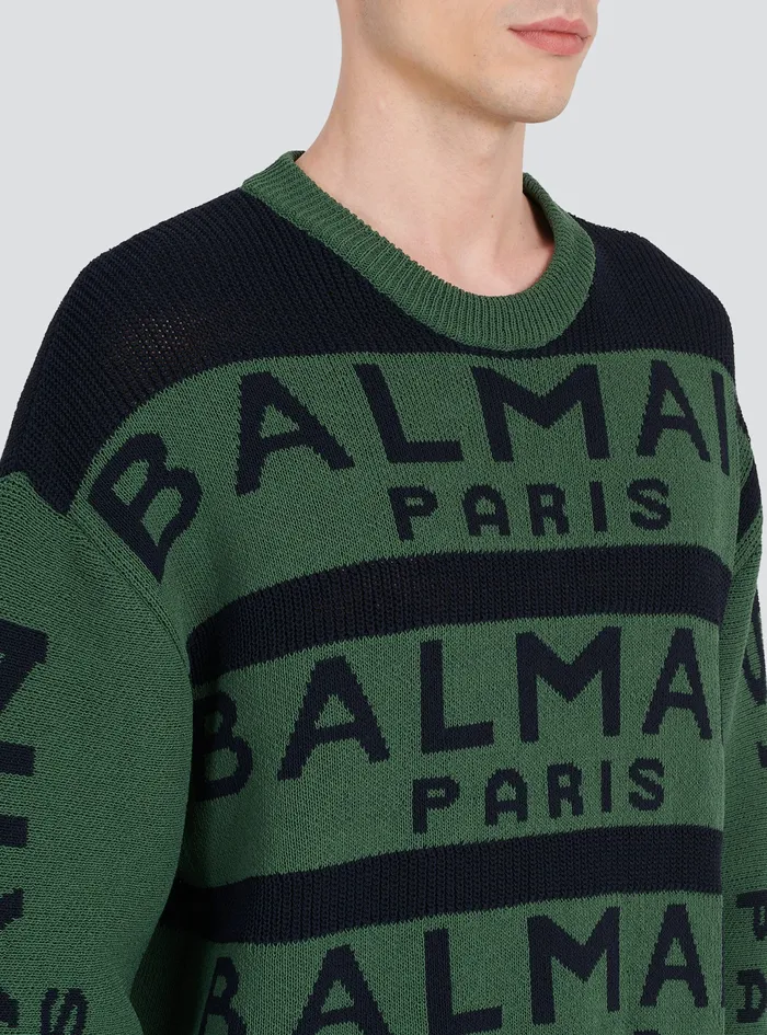 Balmain Knitwear Mens Sweater Embroidered With Balmain Paris Logo Green Balmain Knitwear Mens Sweater Embroidered With Balmain Paris Logo Green