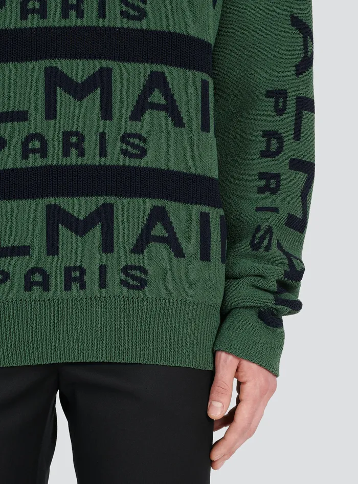 Balmain Knitwear Mens Sweater Embroidered With Balmain Paris Logo Green Balmain Knitwear Mens Sweater Embroidered With Balmain Paris Logo Green