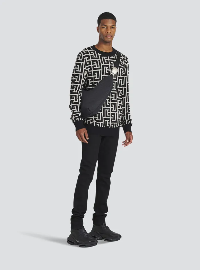 Balmain Knitwear Mens Wool Sweater With Balmain Monogram Black Balmain Knitwear Mens Wool Sweater With Balmain Monogram Black