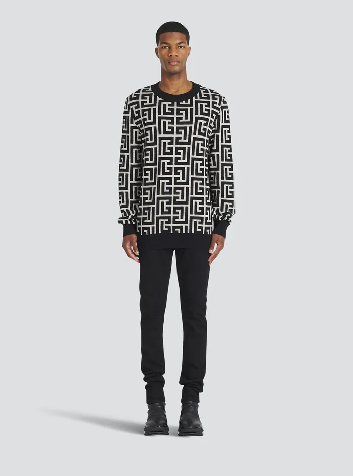 Balmain Knitwear Mens Wool Sweater With Balmain Monogram Black Balmain Knitwear Mens Wool Sweater With Balmain Monogram Black