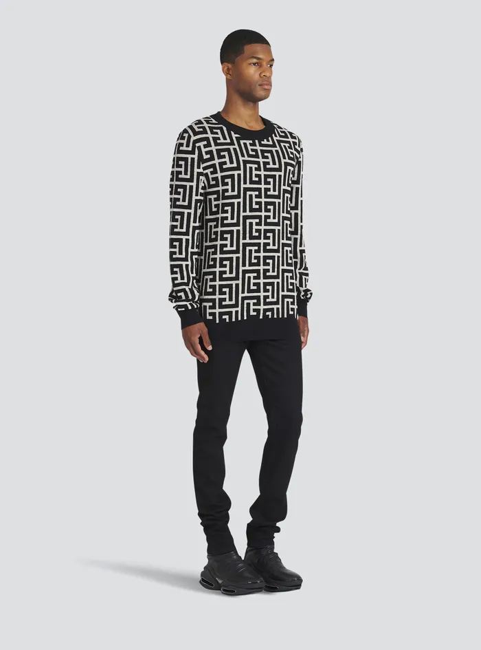 Balmain Knitwear Mens Wool Sweater With Balmain Monogram Black Balmain Knitwear Mens Wool Sweater With Balmain Monogram Black