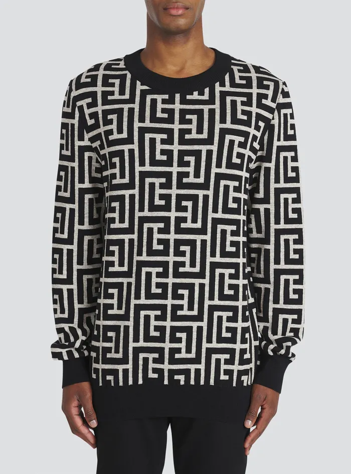Balmain Knitwear Mens Wool Sweater With Balmain Monogram Black Balmain Knitwear Mens Wool Sweater With Balmain Monogram Black