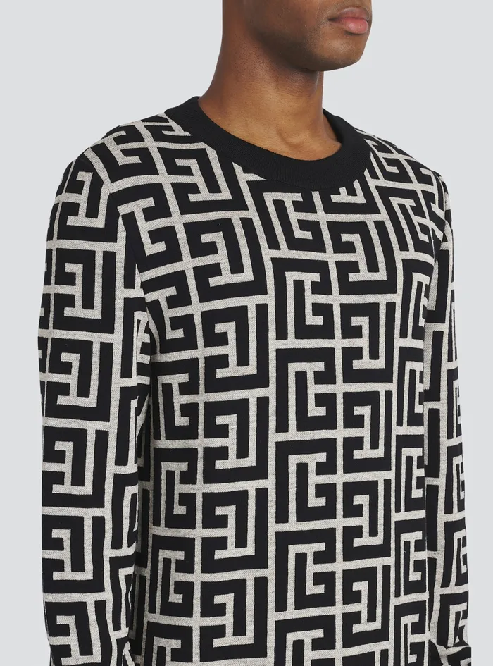 Balmain Knitwear Mens Wool Sweater With Balmain Monogram Black Balmain Knitwear Mens Wool Sweater With Balmain Monogram Black