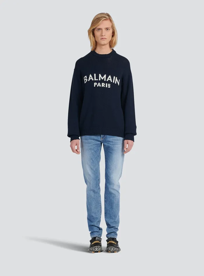 Balmain Knitwear Mens Wool Sweater With Balmain Paris Logo Black