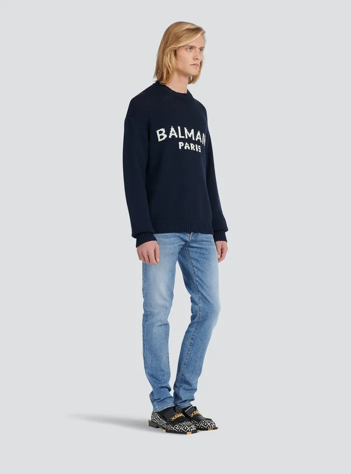 Balmain Knitwear Mens Wool Sweater With Balmain Paris Logo Black