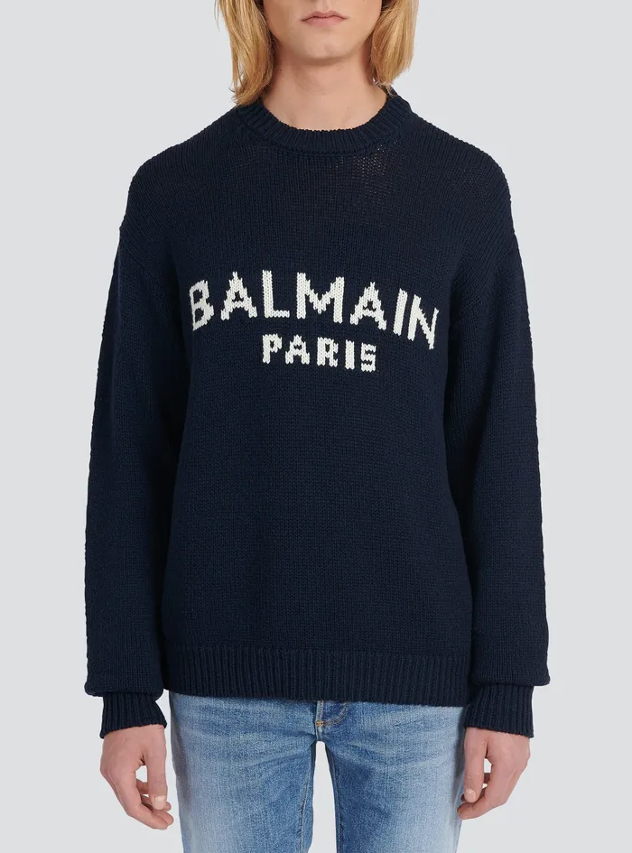 Balmain Knitwear Mens Wool Sweater With Balmain Paris Logo Black