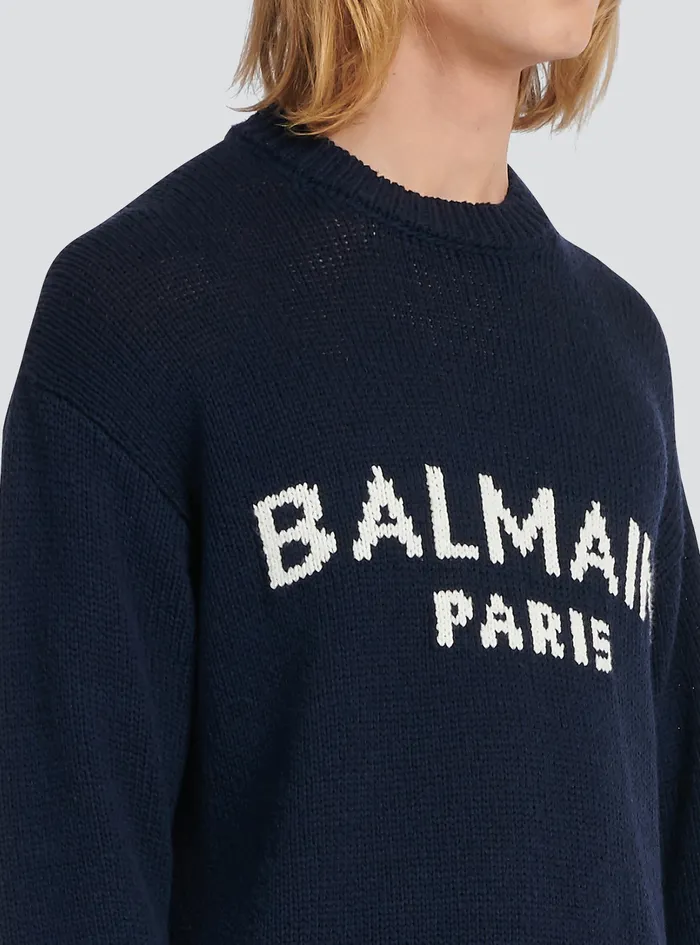 Balmain Knitwear Mens Wool Sweater With Balmain Paris Logo Black