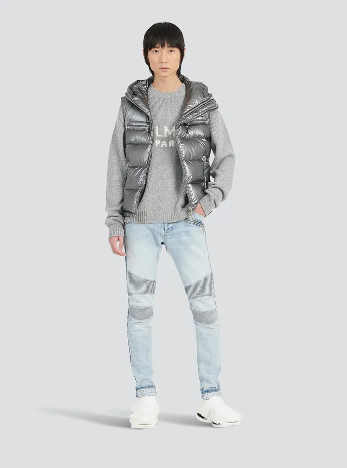 Balmain Knitwear Mens Wool Sweater With Balmain Paris Logo Grey Balmain Knitwear Mens Wool Sweater With Balmain Paris Logo Grey