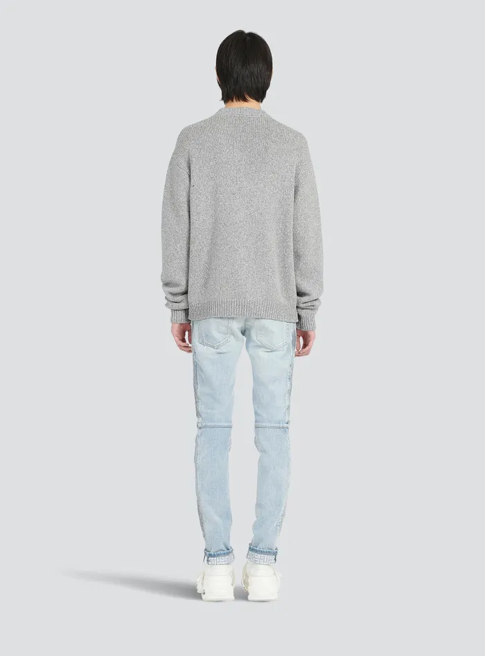 Balmain Knitwear Mens Wool Sweater With Balmain Paris Logo Grey Balmain Knitwear Mens Wool Sweater With Balmain Paris Logo Grey