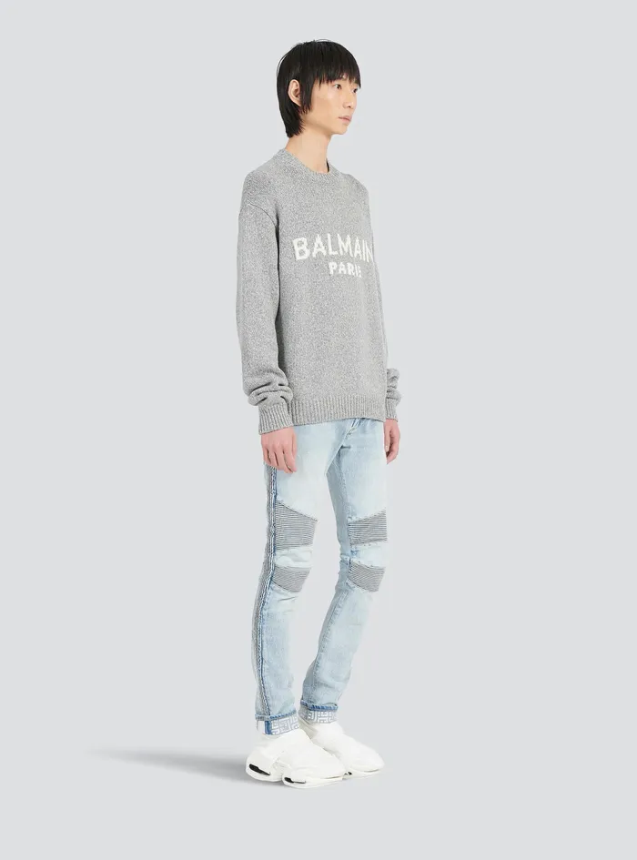 Balmain Knitwear Mens Wool Sweater With Balmain Paris Logo Grey Balmain Knitwear Mens Wool Sweater With Balmain Paris Logo Grey