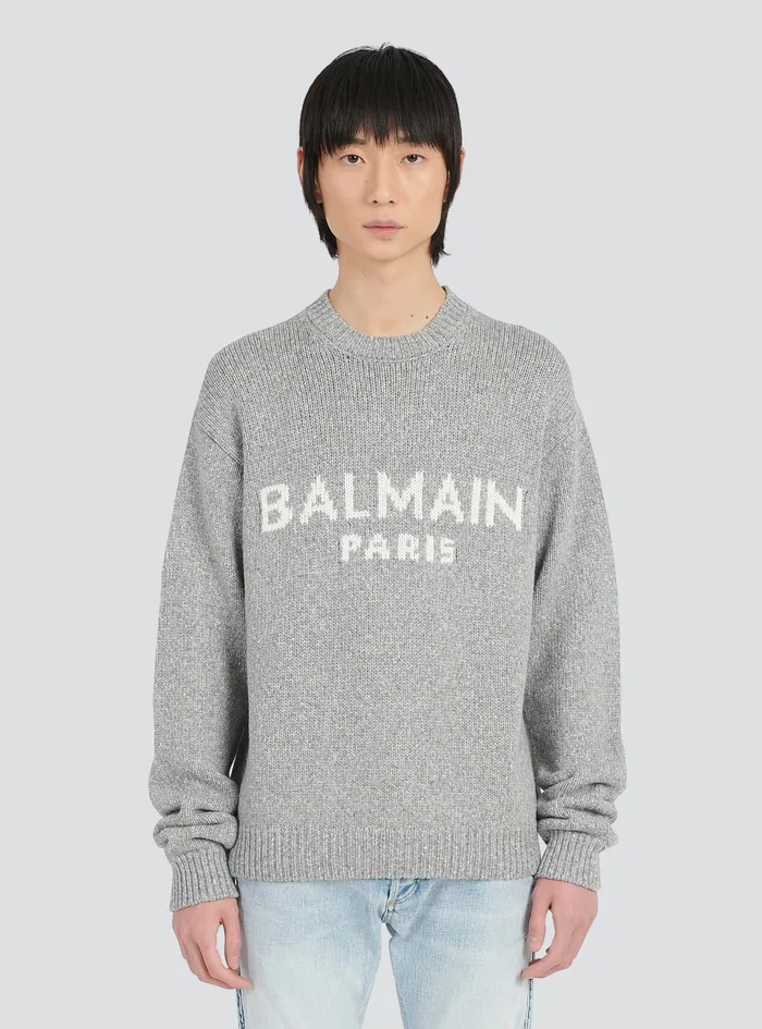 Balmain Knitwear Mens Wool Sweater With Balmain Paris Logo Grey Balmain Knitwear Mens Wool Sweater With Balmain Paris Logo Grey
