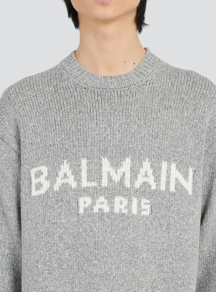Balmain Knitwear Mens Wool Sweater With Balmain Paris Logo Grey Balmain Knitwear Mens Wool Sweater With Balmain Paris Logo Grey