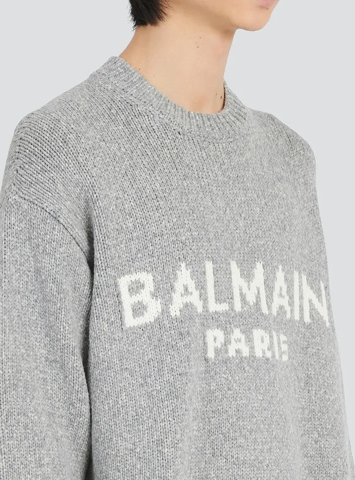 Balmain Knitwear Mens Wool Sweater With Balmain Paris Logo Grey Balmain Knitwear Mens Wool Sweater With Balmain Paris Logo Grey