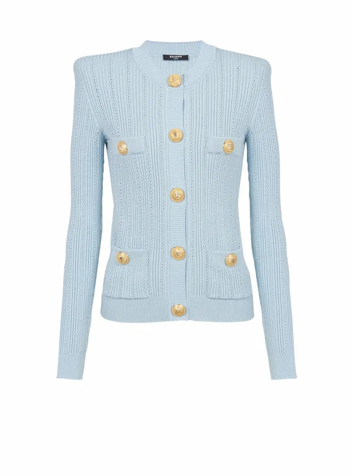 Balmain Knitwear Womens Cropped EcoDesigned Knit Cardigan With GoldTone Buttons Blue Balmain Knitwear Womens Cropped EcoDesigned Knit Cardigan With GoldTone Buttons Blue