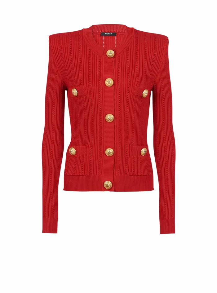 Balmain Knitwear Womens Cropped EcoDesigned Knit Cardigan With GoldTone Buttons Red Balmain Knitwear Womens Cropped EcoDesigned Knit Cardigan With GoldTone Buttons Red