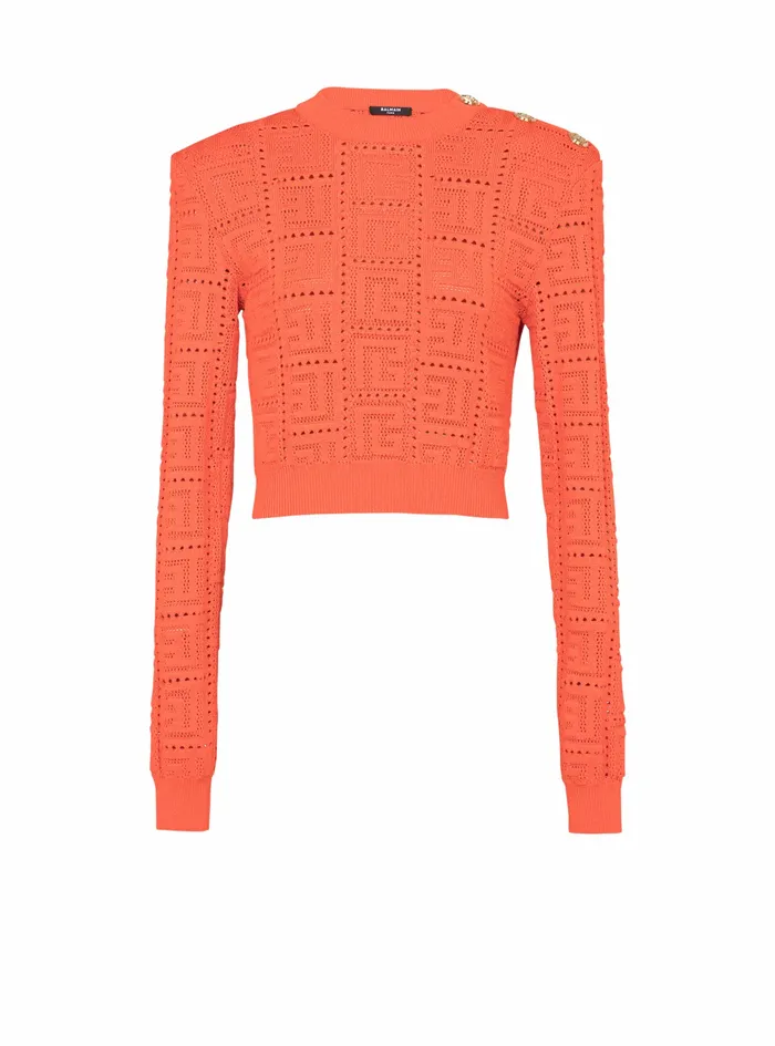 Balmain Knitwear Womens Cropped EcoDesigned Sweater With Balmain Monogram Orange Balmain Knitwear Womens Cropped EcoDesigned Sweater With Balmain Monogram Orange