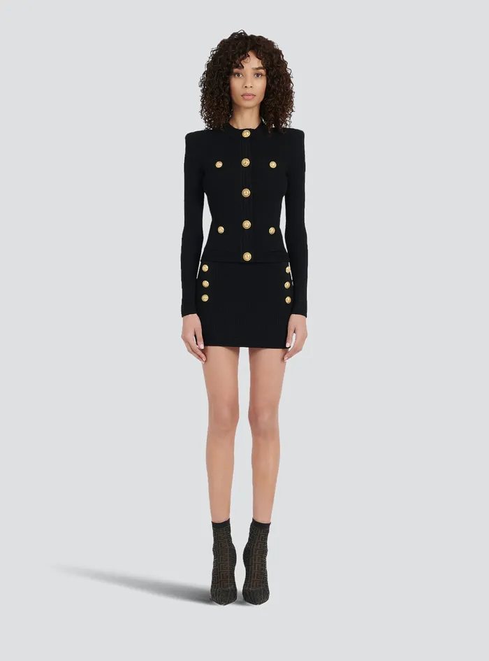 Balmain Knitwear Womens Cropped Knit Cardigan With GoldTone Buttons Black Balmain Knitwear Womens Cropped Knit Cardigan With GoldTone Buttons Black