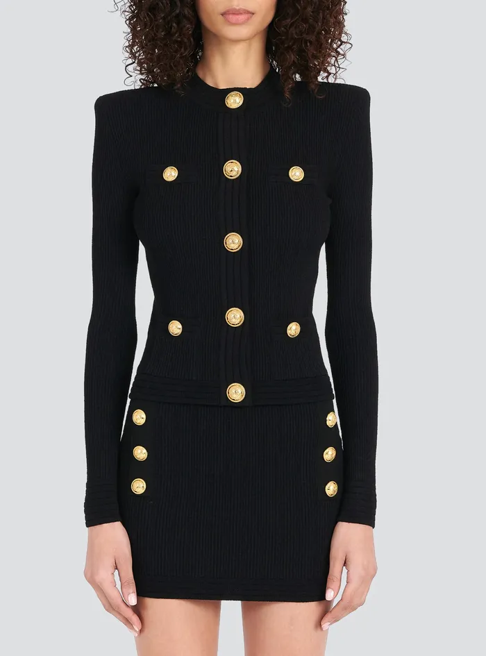 Balmain Knitwear Womens Cropped Knit Cardigan With GoldTone Buttons Black Balmain Knitwear Womens Cropped Knit Cardigan With GoldTone Buttons Black