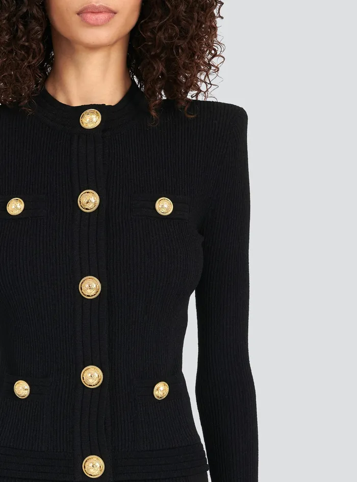 Balmain Knitwear Womens Cropped Knit Cardigan With GoldTone Buttons Black Balmain Knitwear Womens Cropped Knit Cardigan With GoldTone Buttons Black