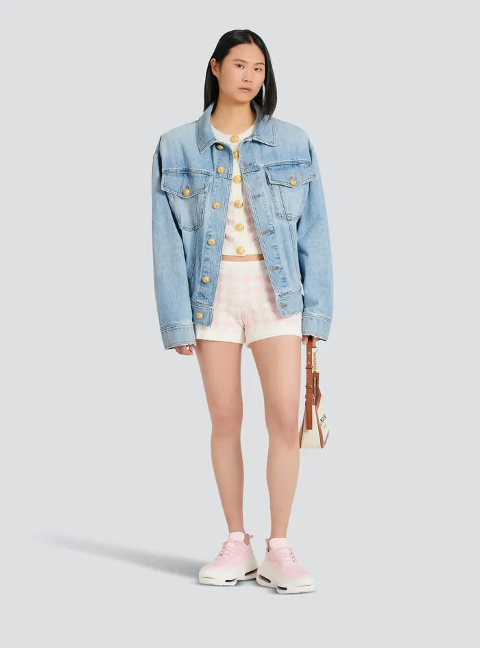 Balmain Knitwear Womens Cropped Knit Cardigan With Houndstooth Print Pink Balmain Knitwear Womens Cropped Knit Cardigan With Houndstooth Print Pink