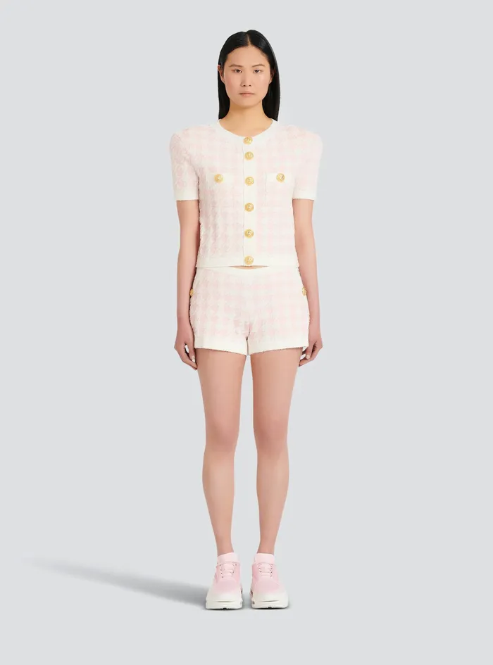 Balmain Knitwear Womens Cropped Knit Cardigan With Houndstooth Print Pink Balmain Knitwear Womens Cropped Knit Cardigan With Houndstooth Print Pink