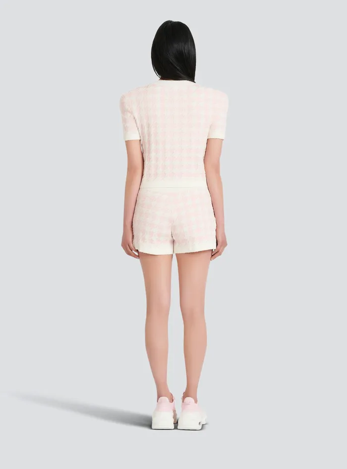 Balmain Knitwear Womens Cropped Knit Cardigan With Houndstooth Print Pink Balmain Knitwear Womens Cropped Knit Cardigan With Houndstooth Print Pink