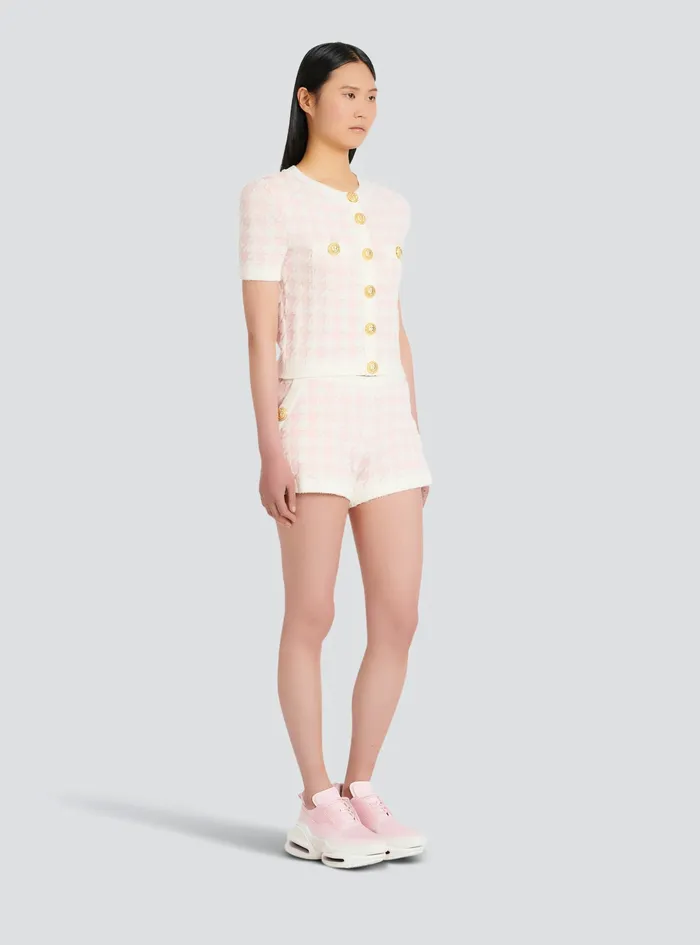 Balmain Knitwear Womens Cropped Knit Cardigan With Houndstooth Print Pink Balmain Knitwear Womens Cropped Knit Cardigan With Houndstooth Print Pink