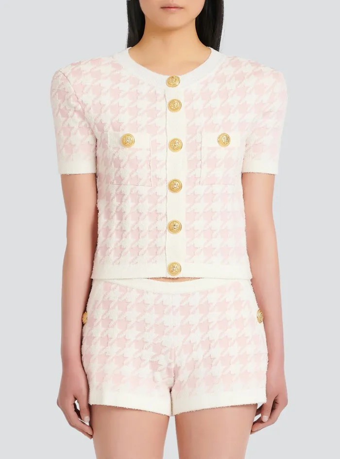 Balmain Knitwear Womens Cropped Knit Cardigan With Houndstooth Print Pink Balmain Knitwear Womens Cropped Knit Cardigan With Houndstooth Print Pink