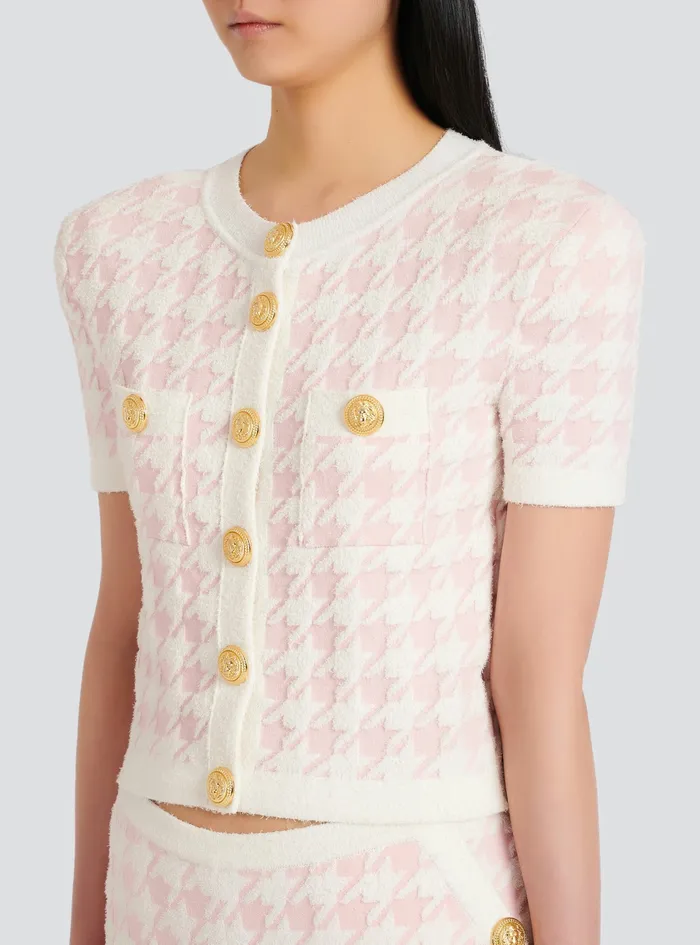 Balmain Knitwear Womens Cropped Knit Cardigan With Houndstooth Print Pink Balmain Knitwear Womens Cropped Knit Cardigan With Houndstooth Print Pink