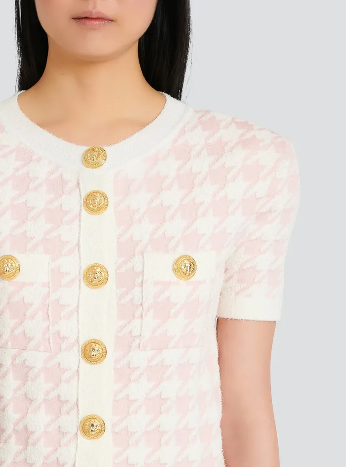 Balmain Knitwear Womens Cropped Knit Cardigan With Houndstooth Print Pink Balmain Knitwear Womens Cropped Knit Cardigan With Houndstooth Print Pink