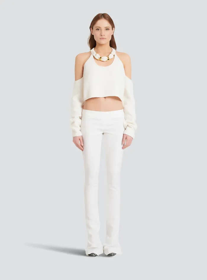 Balmain Knitwear Womens Cropped Knit Sweater White Balmain Knitwear Womens Cropped Knit Sweater White